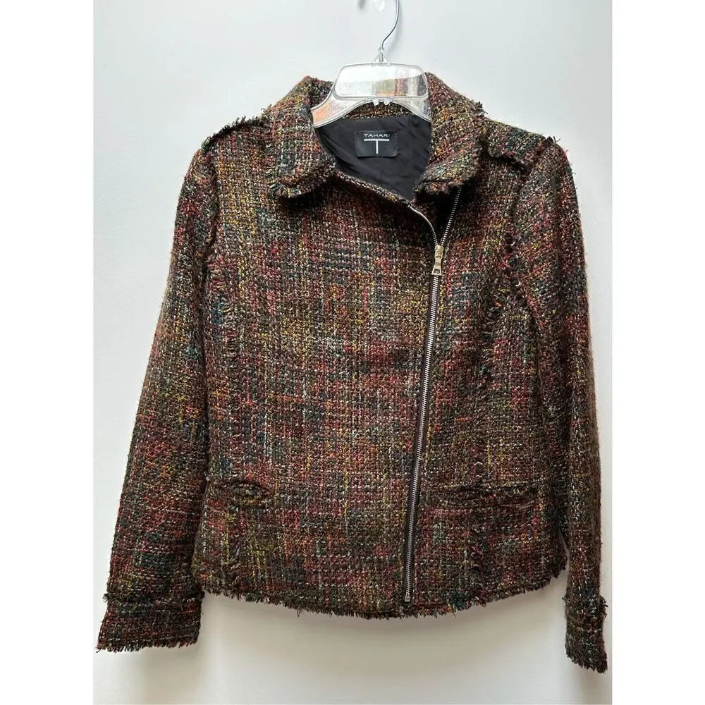 T Tahari women’s twill brown multi-color zip up fray edge blazer size 8 #26-1486